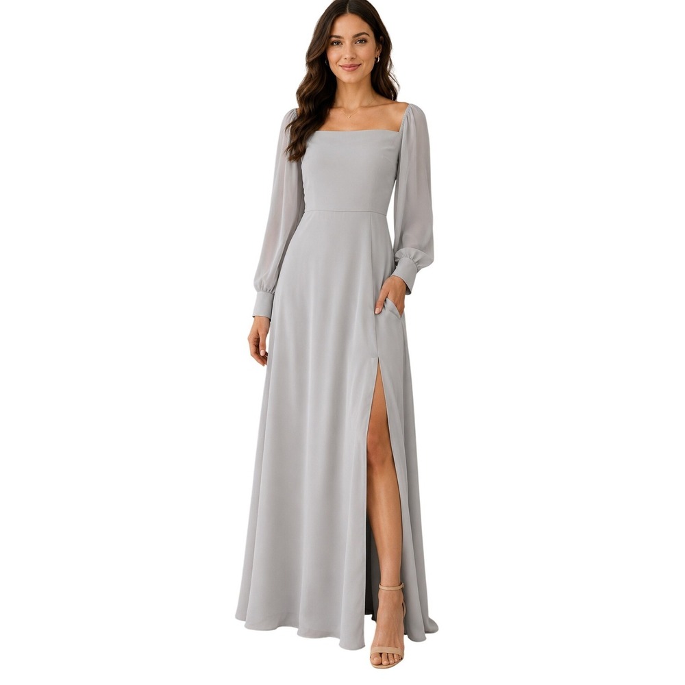Lulus‎ Maxi Dress Womens Small Grey Off Shoulder Long Sleeve Side Slit Formal